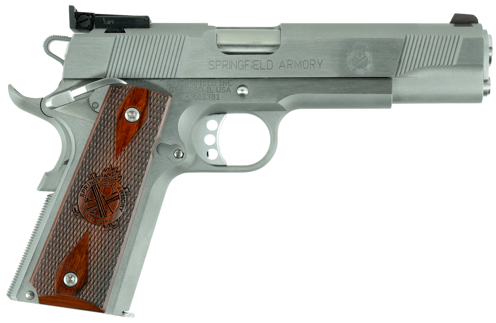 Springfield Armory PI9132LCA 1911 Loaded Target *CA Complaint 45 ACP 7+1, 5" Stainless Match Grade Stainless Barrel, Serrated Slide & Steel Frame w/Beavertail, Crossed Cannon Cocobolo Grip