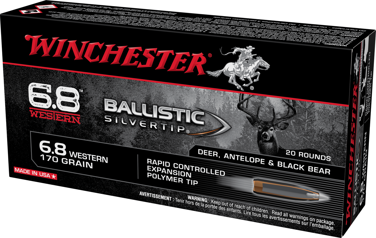 Winchester Ammo SBST68W Ballistic Silvertip 6.8Western 170gr Rapid Controlled Expansion Polymer Tip 20 Per Box/10 Case