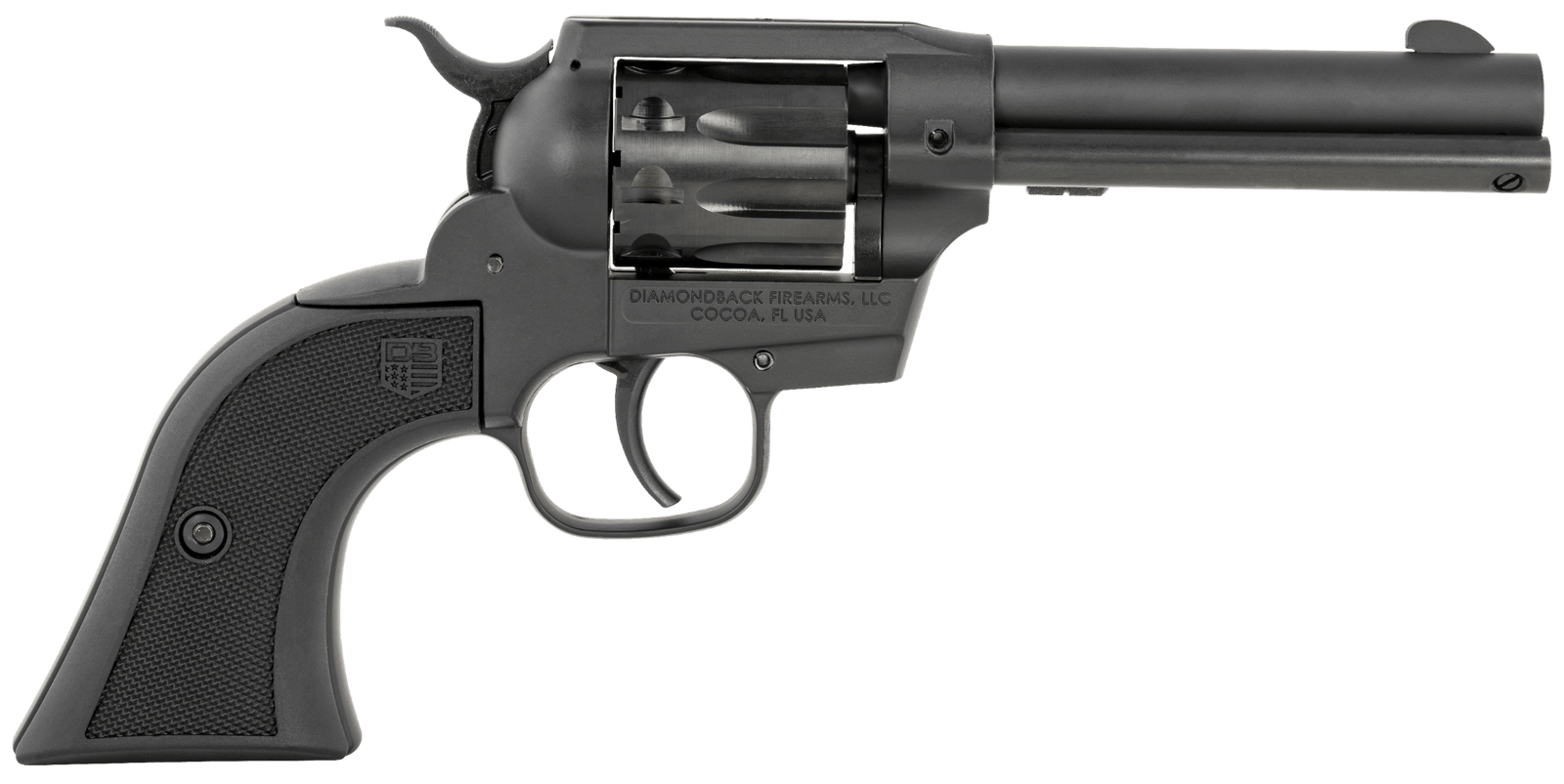 Diamondback DB051CA001 Sidekick 22 LR 9 Shot, 4.50" Black Cerakote Steel Barrel, Black Cerakote Zinc Alloy Frame, Black Cerakote Cylinder, Black Checkered Nylon Grip, Hammer Safety, Exposed Hammer
