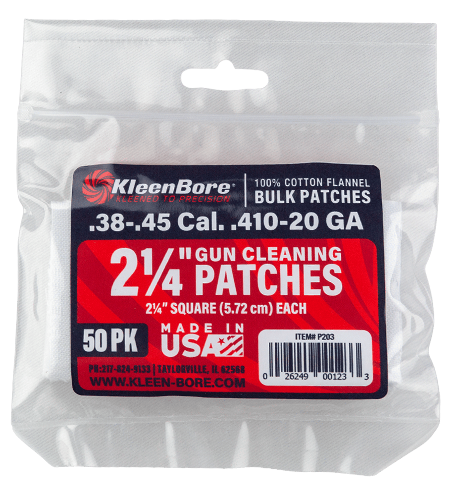 KleenBore P203 Super Shooter .38/ .45 Cal 20/.410 Gauge 2.25" 100% Cotton Flannel 50 Per Pack
