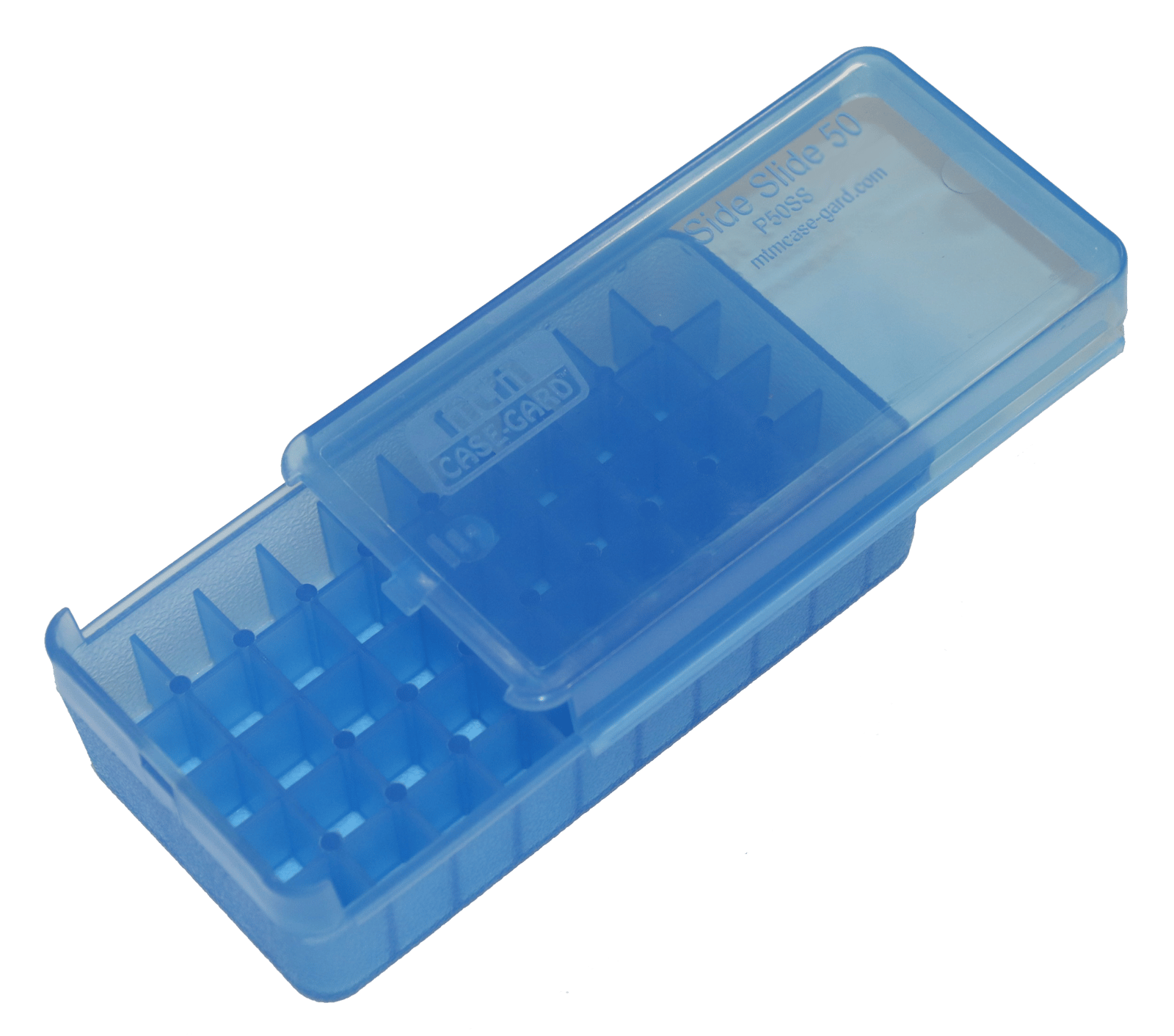 MTM Case-Gard P50SS4524 Side-Slide Ammo Box Pistol Multi-Caliber Handgun Clear Blue Plastic 50rd