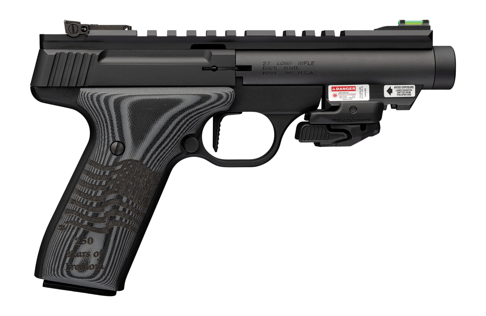 Browning 051612490 Buck Mark Black Label 250 SR 22 LR 10+1 4.40" Matte Black Threaded Bull Barrel, Matte Black Aluminum Frame w/Picatinny Rail Top & Bottom, Black G10 Grip w/ Inscribed Waving Flag, Cr