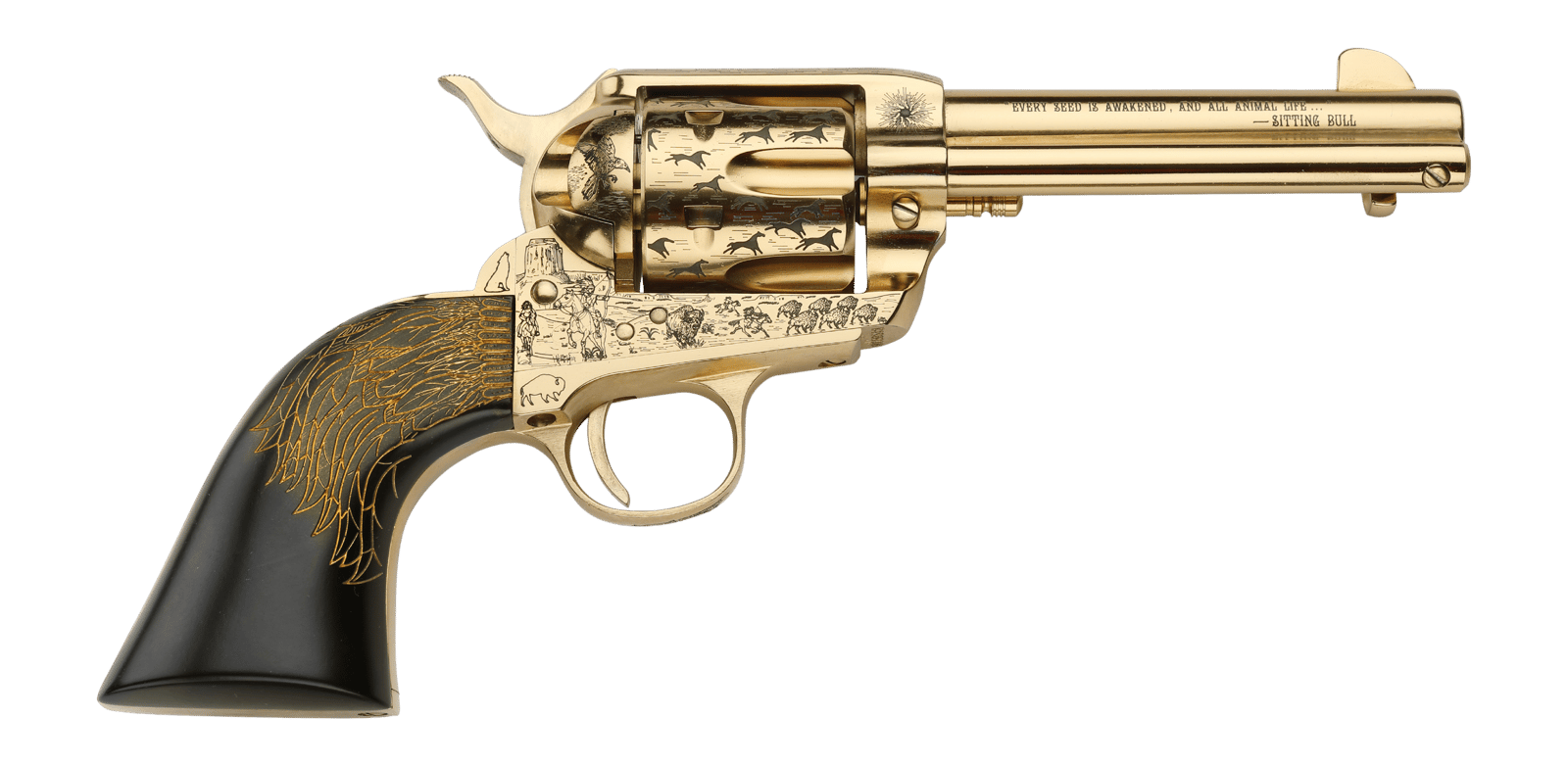Pietta PFI45KOP434EP Keeper Of The Plains 45 Colt (Long Colt) 6 Shot 4.75" Ultra Black Engraved w/Eagle Feather Grip