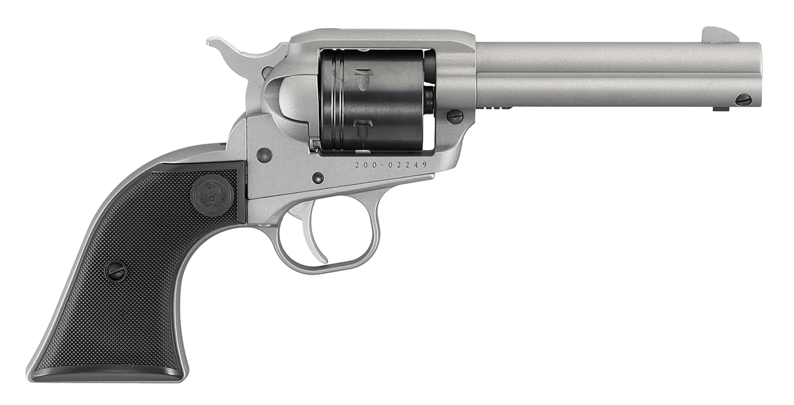 Ruger 2003 Wrangler 22 LR 6 Shot 4.62" Silver Cerakote, Silver Cerkoate Aluminum Frame & Cylinder Black Checkered Polymer Grips