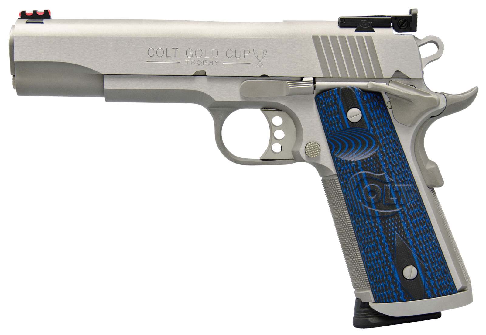 Colt Mfg O5070XE Gold Cup Trophy 45 ACP 8+1 5" Steel Barrel, Stainless Steel Serrated Slide & Frame w/Beavertail, Competition Blue G10 Grips, Right Hand