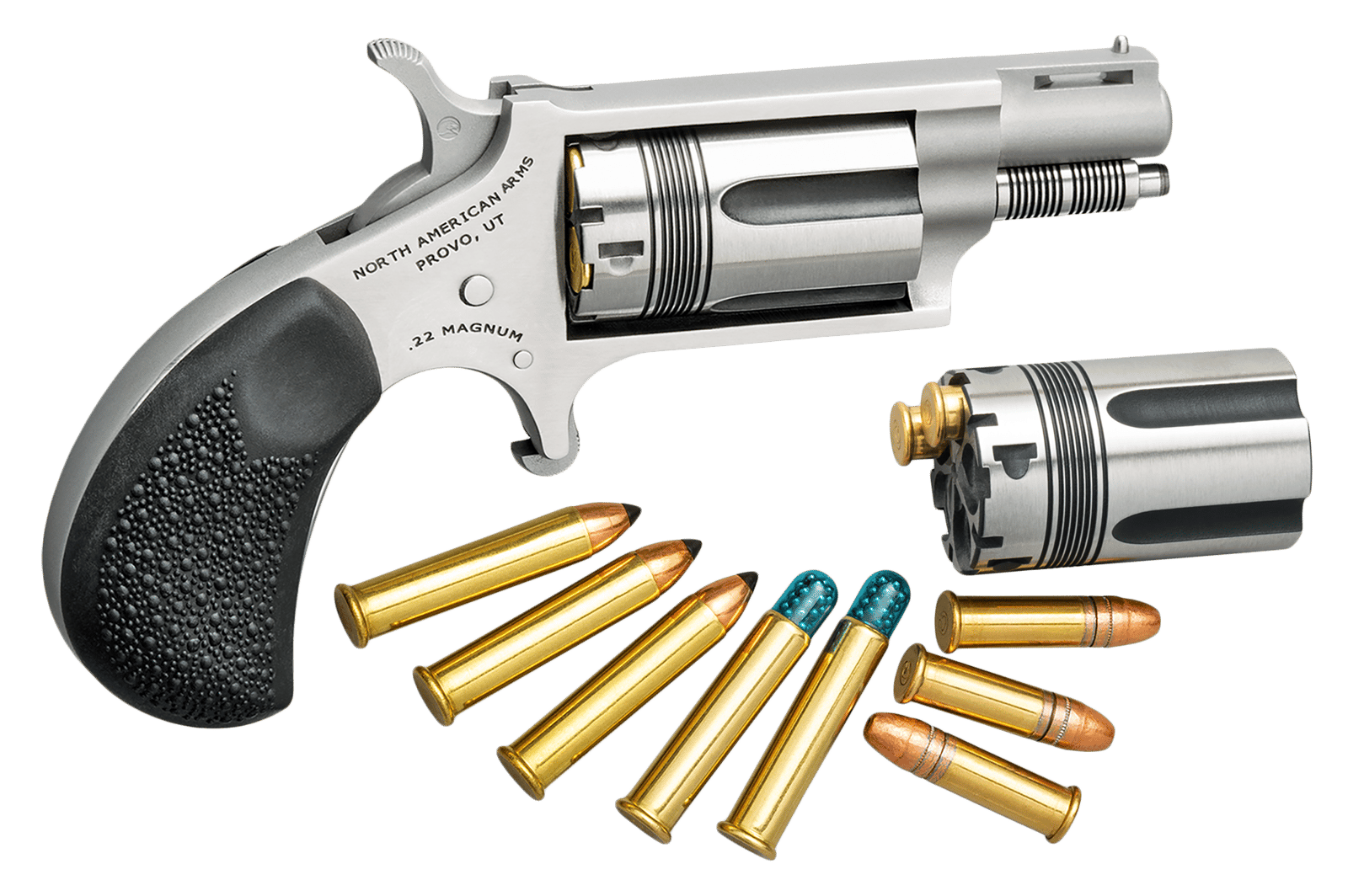 North American Arms 22MSCTW Wasp 22 LR 22 WMR 5 Shot 1.13" Stainless Steel Vent Rib Barrel, Stainless Frame & Cylinder, Black Pebbled Rubber Grip, Exposed Hammer