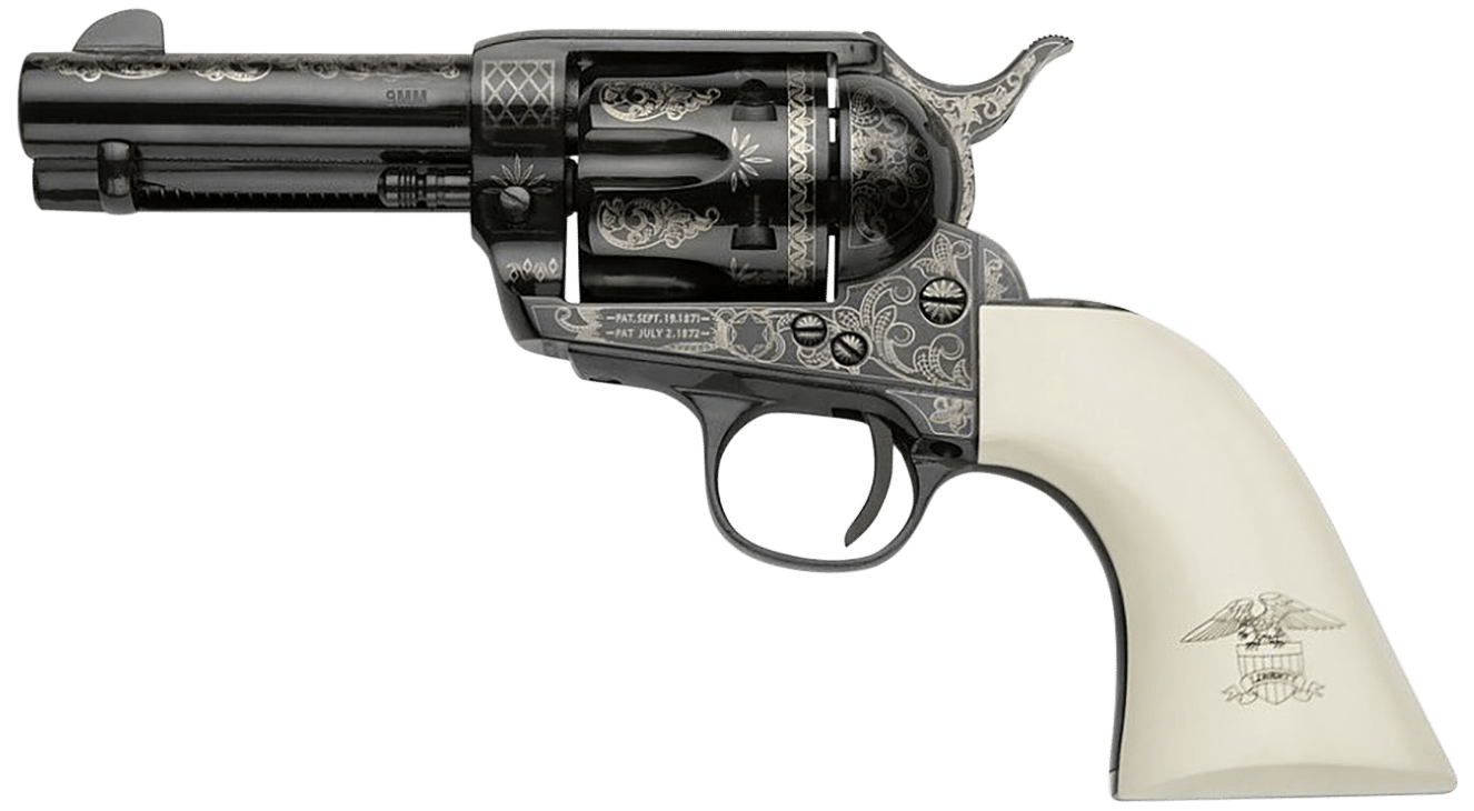 Pietta GW9LLE312NMUI Great Western II Liberty 9mm Luger 6rd 3.50" Blued Engraved Octagon Steel Barrel & Cylinder, Blued Engraved Steel Frame, Ultra Ivory w/Engraved Liberty Eagle Grip, Exposed Hammer