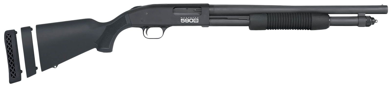 Mossberg 51607 590S Compact 12 Gauge Pump 3" 5+1 18.50" Matte Blued Stainless Steel Barrel, Black Drilled & Tapped Receiver, Adj LOP Black Synthetic Stock