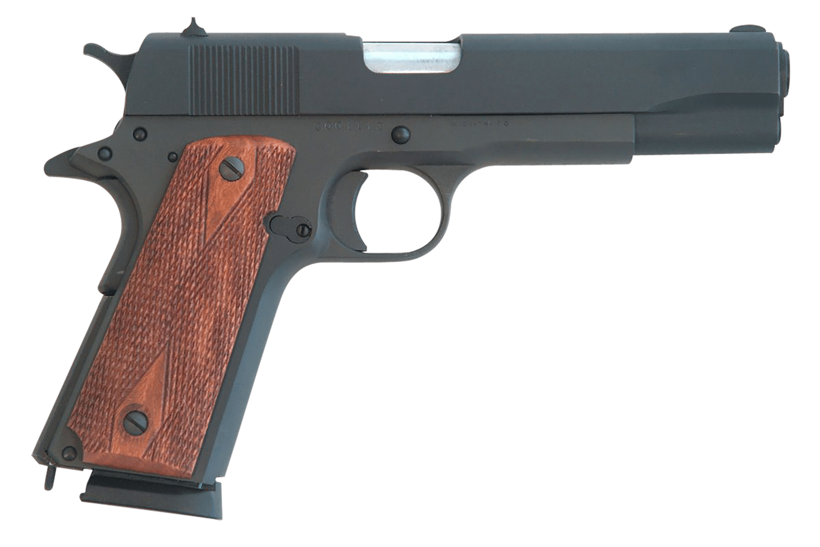Cimarron 1911 1911 .45 ACP 8+1, 5.03" Black Steel Barrel, Black Parkerized Serrated Slide & Frame, Checkered Walnut Grips