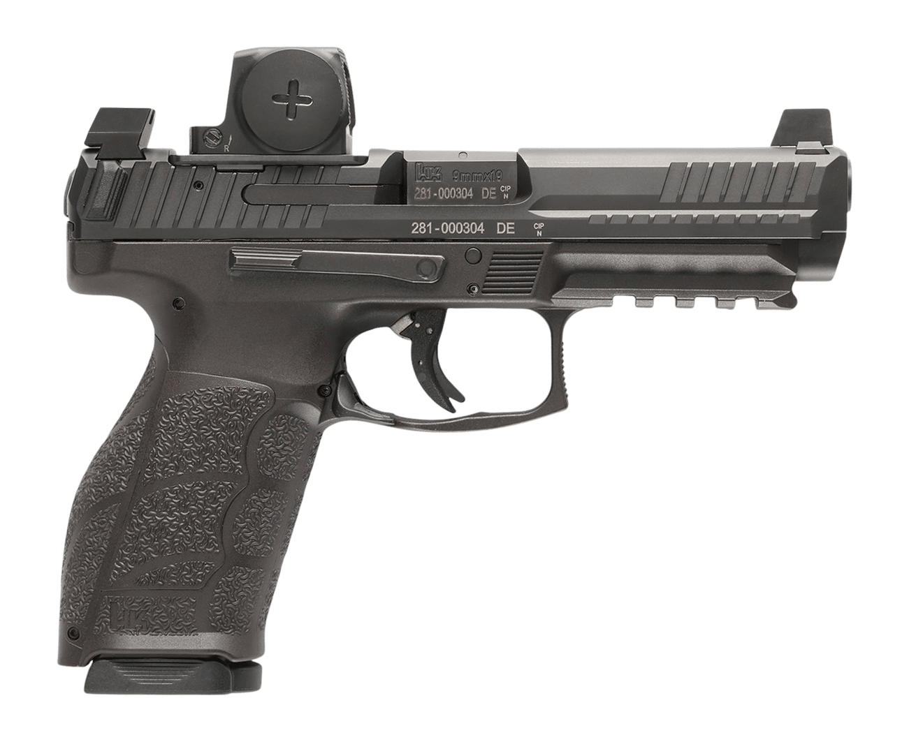 HK 81001352 VP9A1 F w/Optic 9mm Luger 10+1 4.53" Black Barrel & Steel Serrated w/Optic Slide, Black Polymer Frame w/Picatinny Rail, Textured Grip, Vortex CCW