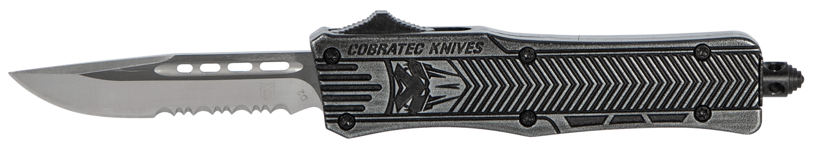 CobraTec Knives SSWCTK1SDS CTK-1 Small 2.75" OTF Part Serrated D2 Steel Blade/Black Stonewashed Aluminum Handle Features Glass Breaker Includes Pocket Clip