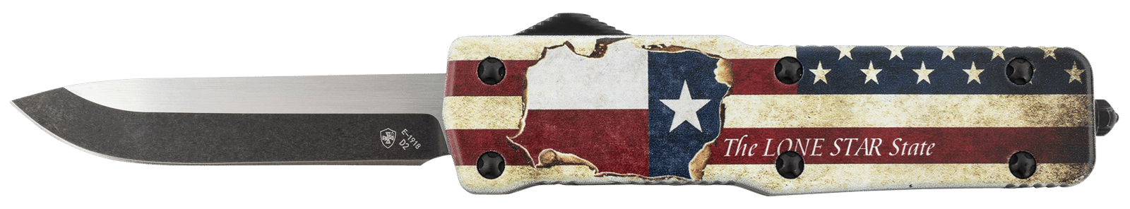 Templar Knife SZTX321 Premium Weighted Texan Small 3" OTF Drop Point Plain Black Oxide Stonewashed D2 Steel Blade, 4.50" Red/White/Blue w/"The LONE STAR State" Aluminum Zinc Alloy Handle