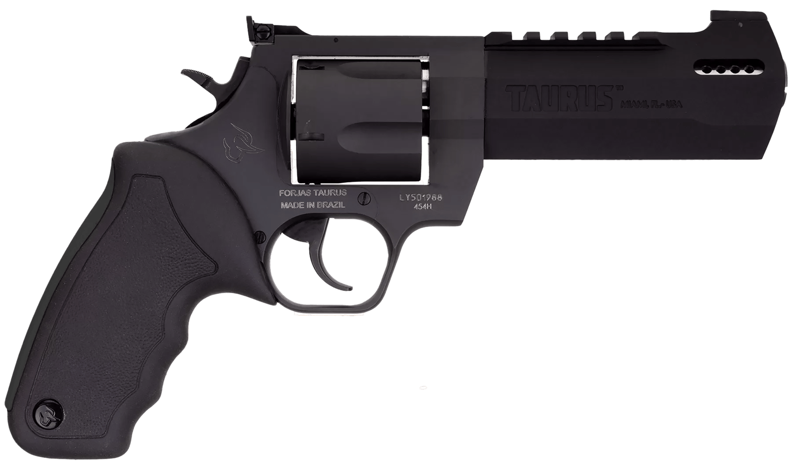 Taurus 2-440051RH Raging Hunter 44 Rem Mag Caliber with 5.12" Picatinny Rail/Ported Barrel, 6rd Capacity Matte Black Oxide Finish Cylinder, Matte Black Oxide Finish Steel Frame & Black Rubber Grip