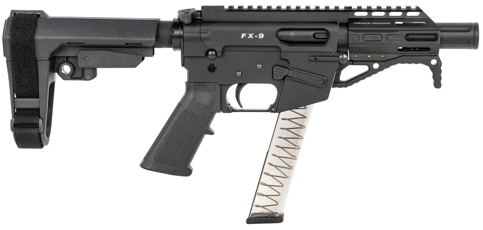 Freedom Ordnance FX9P4S FX-9 9mm Luger 31+1 4" Black Nitride Barrel w/Faux Suppressor, Black Hard Coat Anodized Aluminum Receiver, SB Tactical SBA3 Pistol Brace Stock, Black Polymer Grip