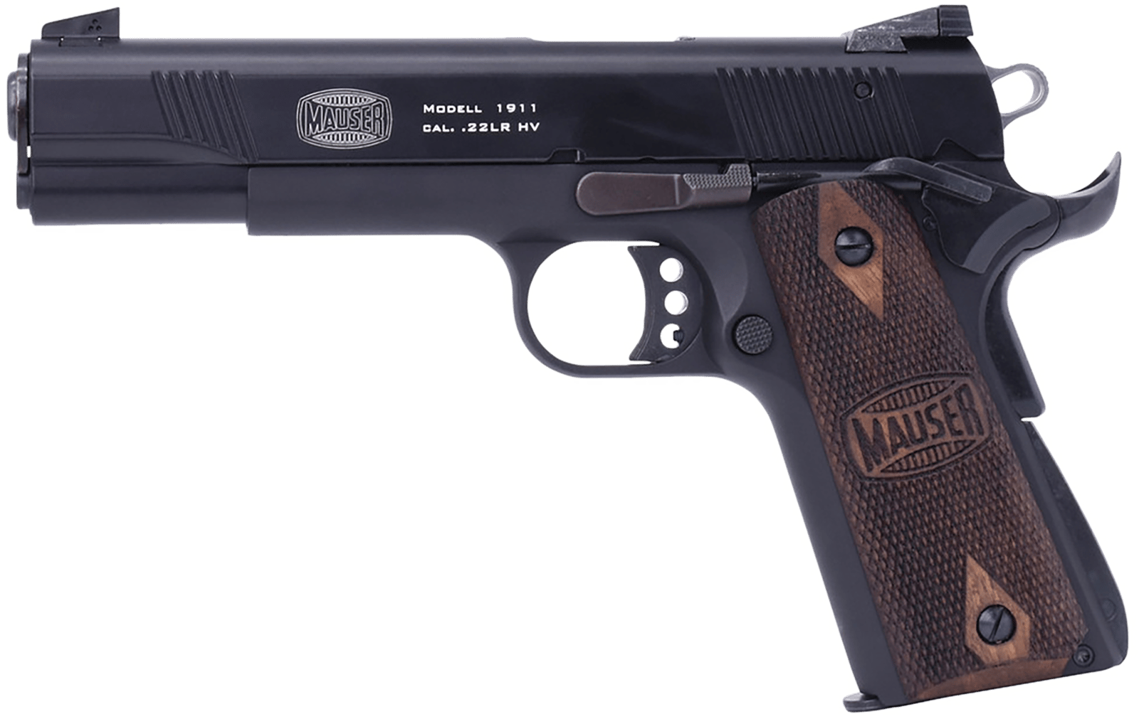 Mauser Rimfire 4110602 1911 22 LR 10+1 5" Black Steel Barrel, Black Serrated Slide, Black Aluminum Frame w/Beavertail, Walnut Grip, Ambidextrous