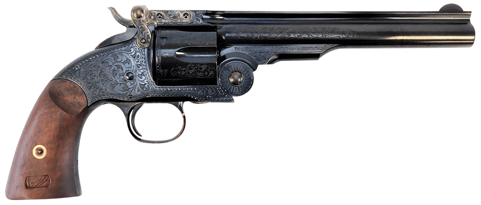 Taylors & Company 550644 Top Break Schofield 45 Colt (LC) 6rd 7" Blued Engraved Steel Walnut Grip