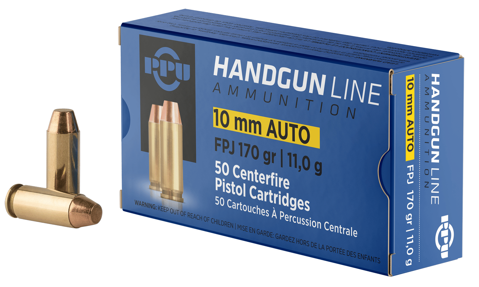 PPU PPH10F Handgun 10mmAuto 170gr Flat Point Jacketed 50 Per Box/10 Case