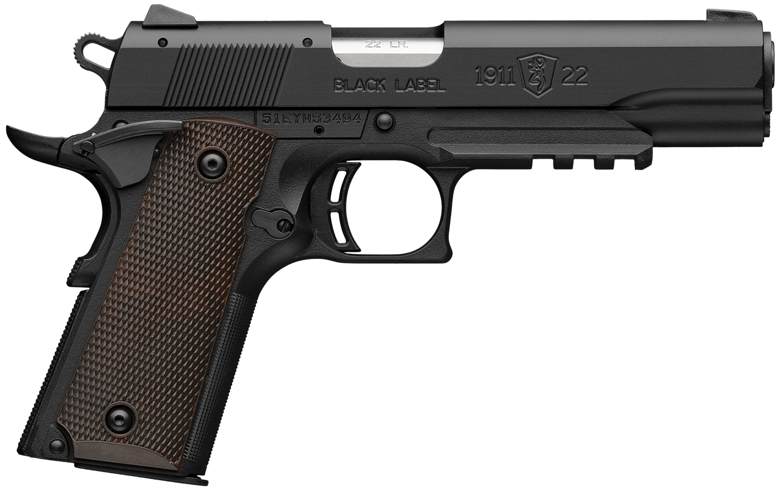 Browning 051065490 1911 Black Label Full Size Frame 22 LR 10+1 4.25" Stainless Steel Barrel, Matte Black Serrated Slide, Matte Black Polymer Frame w/Picatinny Rail, Brown Composite Grip