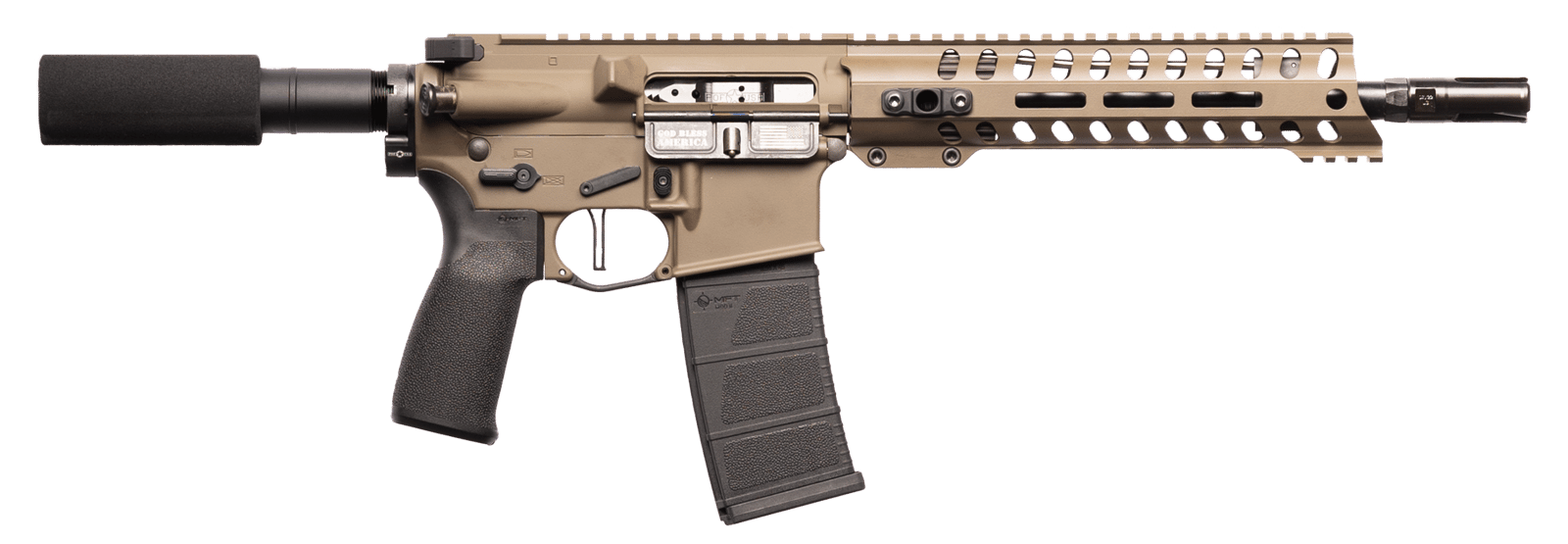 Patriot Ordnance Factory 01803 Minuteman DI 5.56x45mm 30+1 10.50" Nitride Treated Chrome Moly Barrel, 9" M-LOK Handguard, Patriot Brown Cerakote Receiver, Black Synthetic Buffer Tube, Black MFT Grips