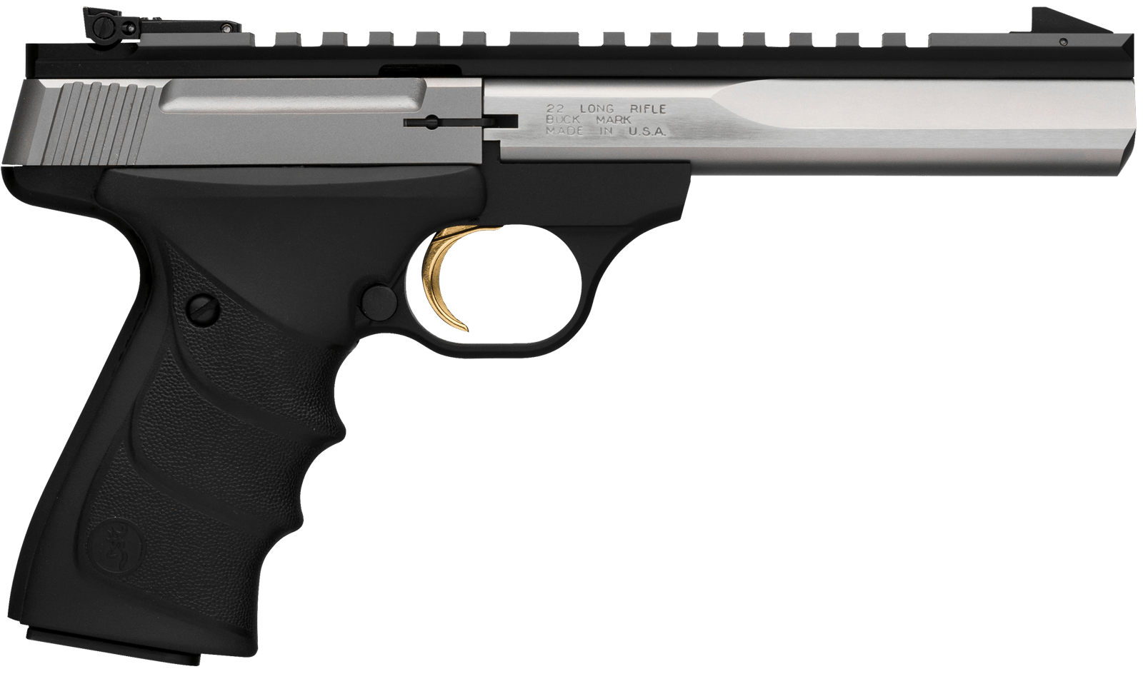 Browning 051507490 Buck Mark Contour 22 LR 10+1, 5.50" Polished Flats Contoured Barrel, Matte Stainless Serrated w/Picatinny Rail Slide, Matte Black Anodized Frame, Black URX Grip, Ambidextrous