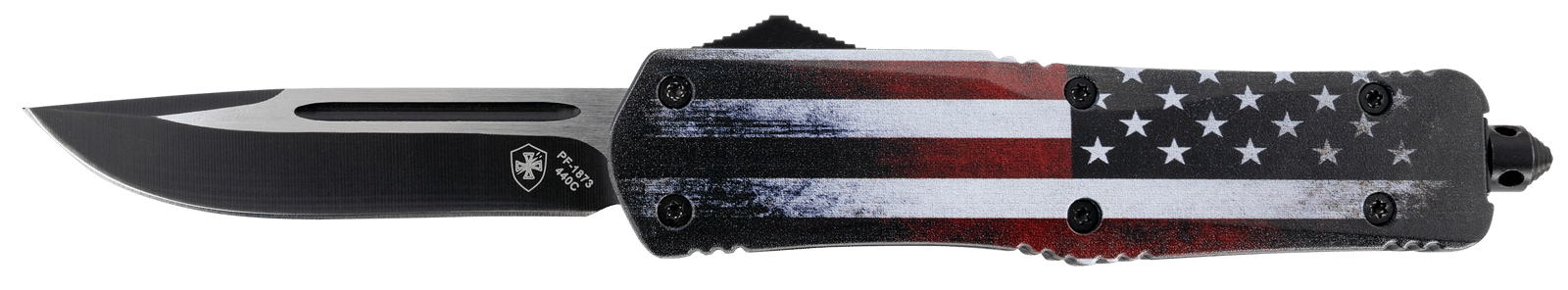 Templar Knife LUS331 Gen II US Flag Large 3.50" OTF Drop Point Plain Black Oxide Stonewashed 440C SS Blade, 5.25" US Flag Aluminum Handle, Glass Breaker