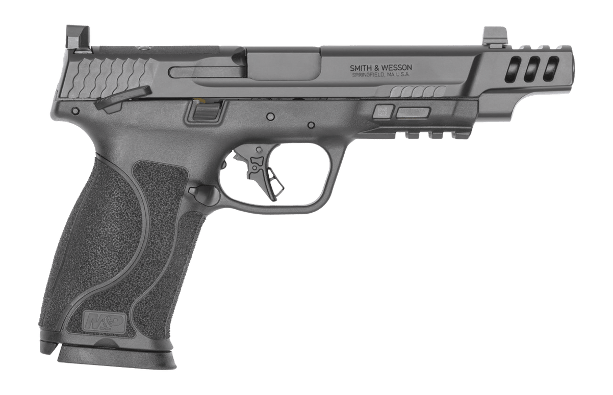 Smith & Wesson 14504 M&P PC M2.0 10mm Auto 10+1 5.60" Black Armornite Ported Barrel, Black Armornite Stainless Steel Ported/Serrated Slide, Black Polymer Frame w/Picatinny Rail, Interchangeable Palmsw