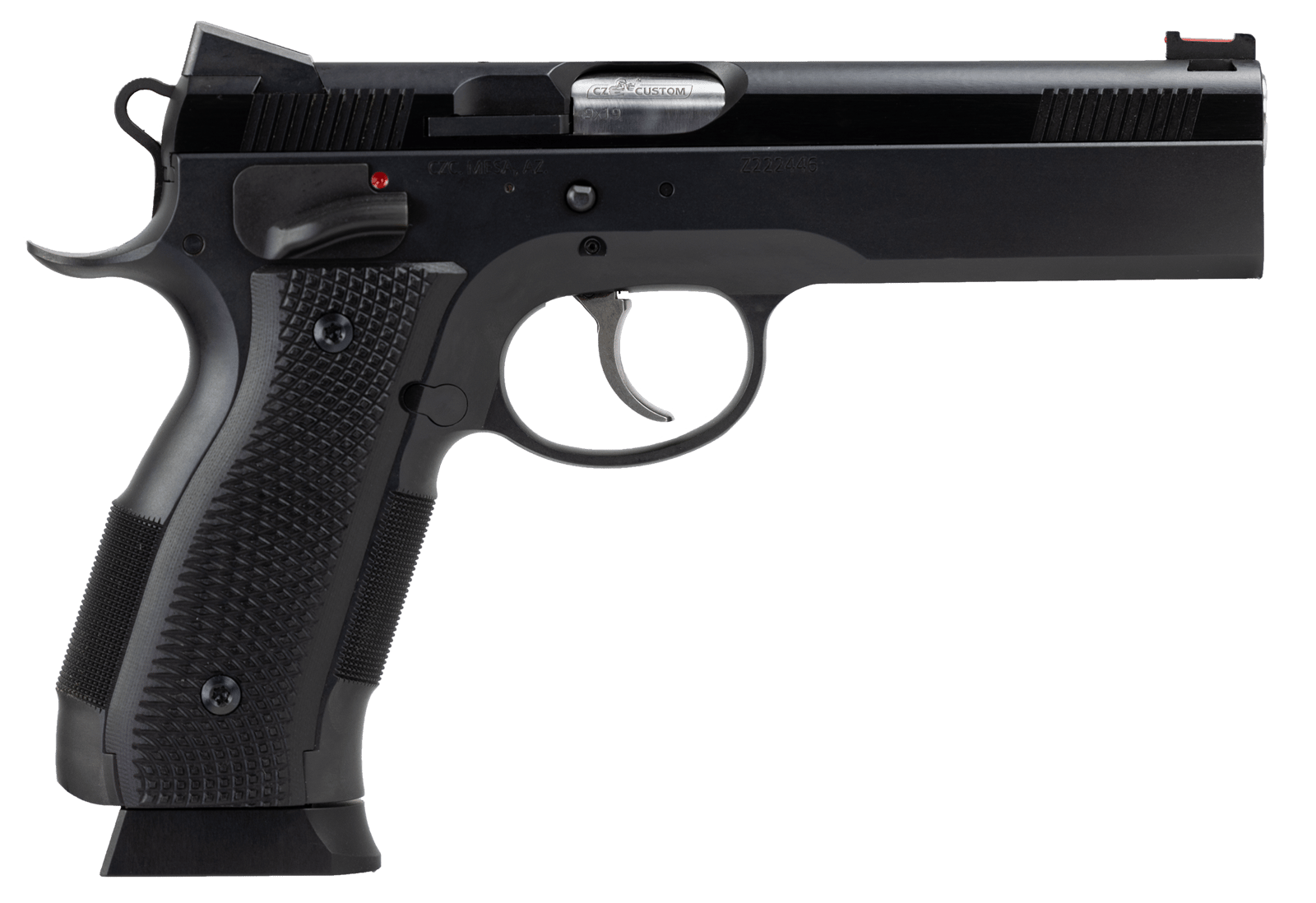 CZ-USA 91731 A01-LD Full Size Frame 9mm Luger 19+1 4.93" Black Match Grade Bull Barrel, Blued Serrated Steel Slide, Blued Steel Frame w/Beavertail, Black Checkered Polymer Grip