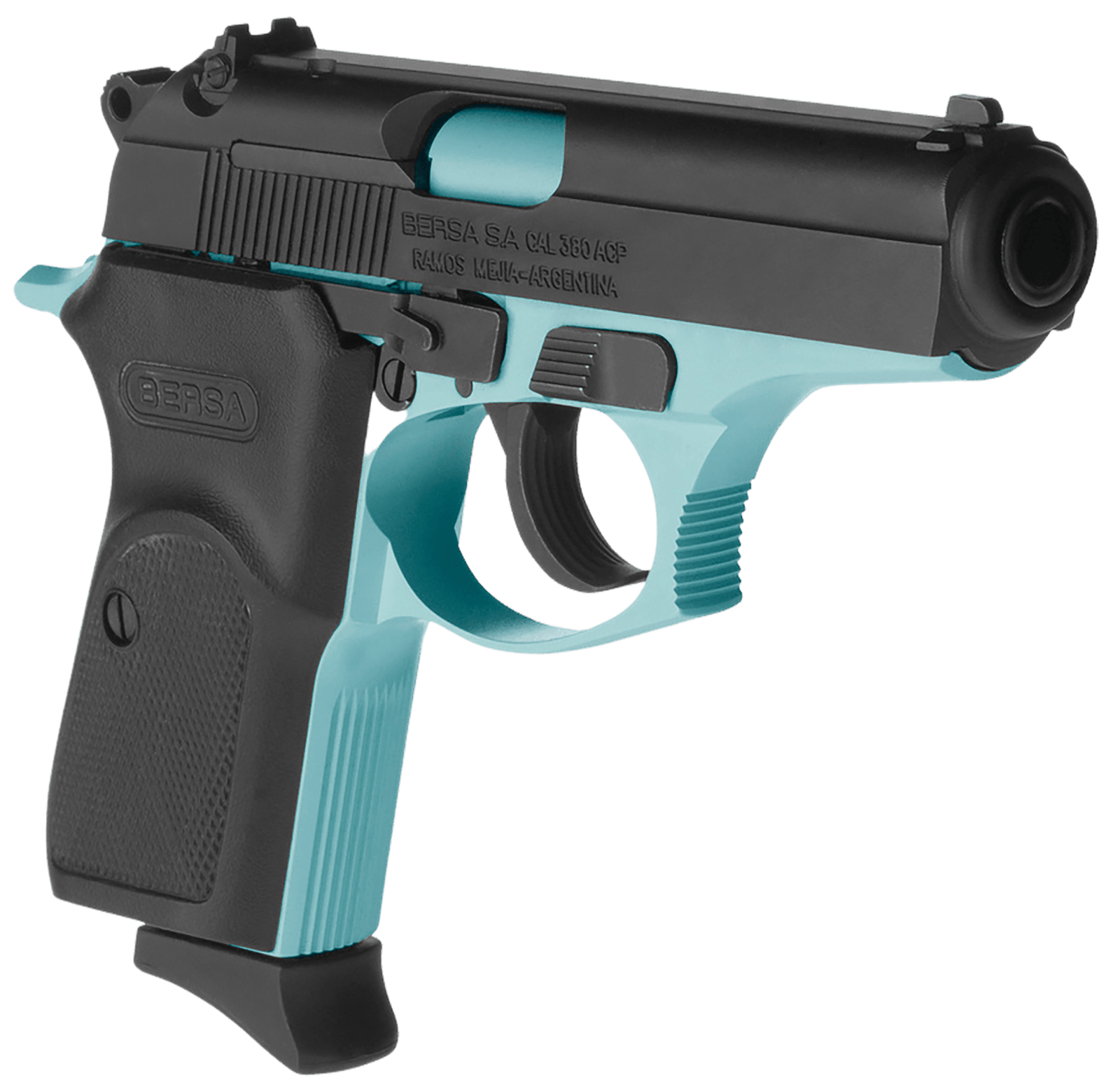 Bersa T380BLM8 Thunder Micro-Compact Frame 380 ACP 8+1, 3.50" Robin Egg Blue Cerakote Steel Barrel, Matte Black Serrated Steel Slide, Robin Egg Blue Cerakote Aluminum Frame