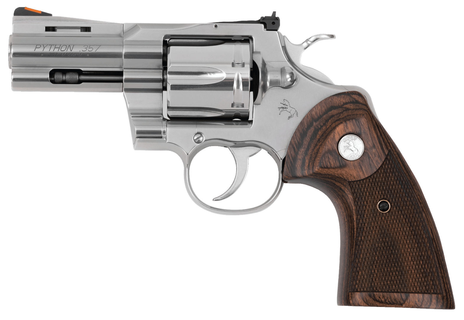 Colt Mfg PYTHONSP3WTS Python 38 Special 357 Mag 6 Shot 3" Stainless Recessed Target/Vent Rib Barrel, Cylinder & Frame, Walnut w/Colt Medallion Grip