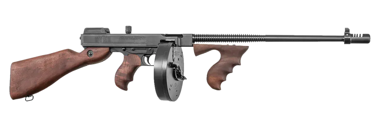 Thompson T150D 1927A-1 Deluxe 45 ACP Caliber with 16.50" Barrel, 20+1 Capacity (Stick), 50+1 Capacity (Drum), Blued Metal Finish, American Walnut Stock Wood Grip Right Hand