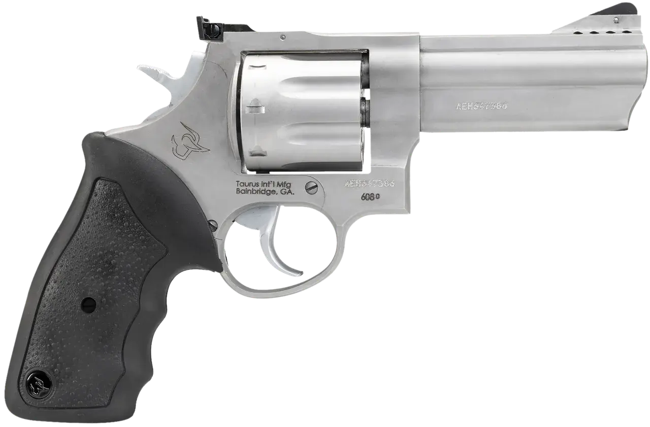 Taurus 2-608049 608 Large 357 Mag/38 Special +P 8 Shot 4" Matte Stainless Steel Ported Barrel, Cylinder & Frame, Black Finger Grooved Rubber Grip, Transfer Bar Safety, Exposed Hammer