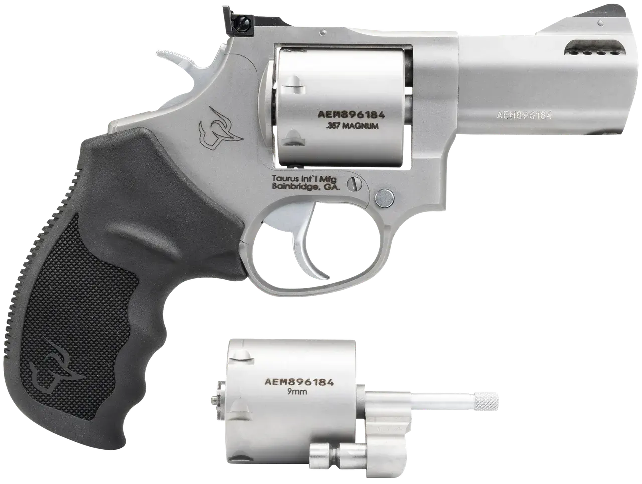 Taurus 2-692039 692 Medium 38 Special +P/357 Mag/9mm Luger 7 Shot 3" Matte Stainless Ported Barrel, Cylinder & Frame, Black Ribber Grip, Transfer Bar Safety, Exposed Hammer, 2 Cylinders