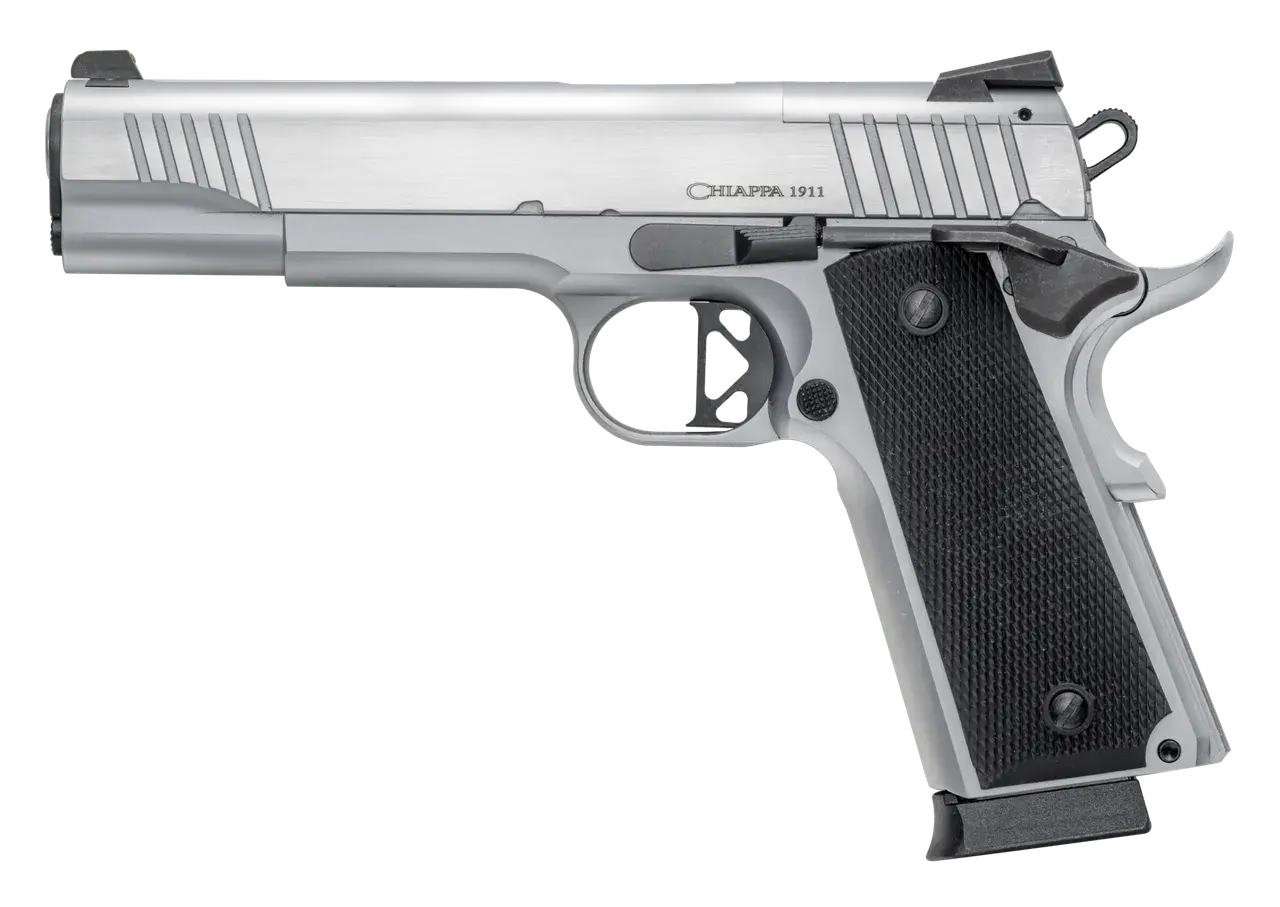 Chiappa Firearms 440234 1911 Superior Full Size Frame 45 ACP 8+1 5" Chrome Optic Ready/Serrated Slide & Frame, Walnut Grip RMR/RMSc Footprint