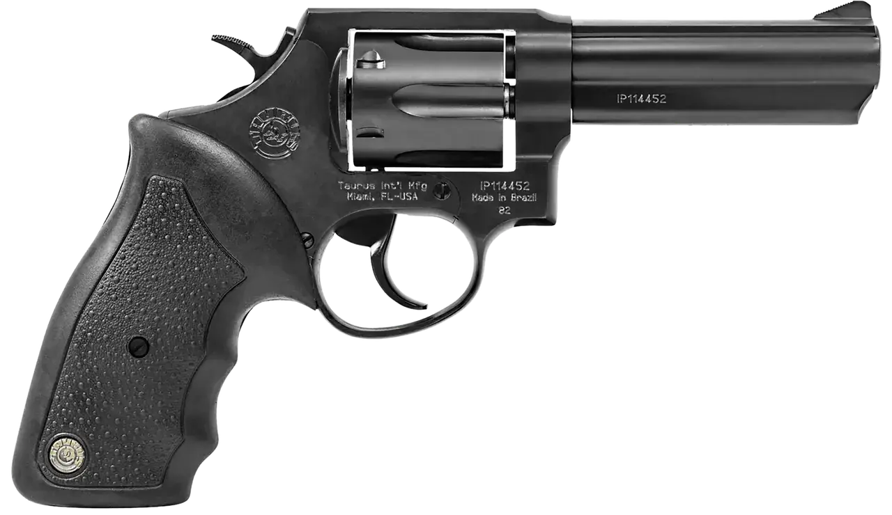 Taurus 2-820041 82 Medium 38 Special +P 6 Shot 4" Matte Black Oxide Alloy Steel Barrel, Cylinder & Frame, Black Finger Grooved Rubber Grip, Transfer Bar Safety, Exposed Hammer