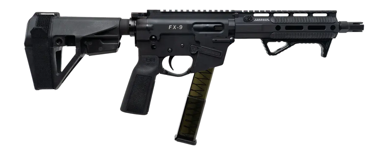 Freedom Ordance FX9P8E-BLK FX9P Elite 9mm Luger 8" Black Nitride Threaded Barrel, Black Anodized Aluminum Receiver w/Picatinny Rail, M-LOK Handguard, Black Polymer SB Tactical SBA5 Brace, Black Polyme