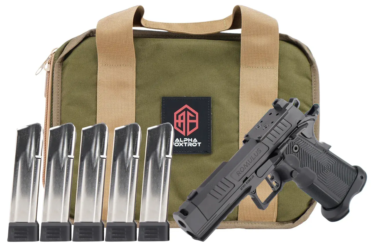 Alpha Foxtrot AA39X1QIG-XDBK20-PROM AF1911 Romulus Promo Compact Frame 9mm Luger 20+1 3.50" Black DLC Threaded Compensated Barrel, Black DLC Stainless Steel Optic Ready/Serrated Slide & Frame w/Beaver