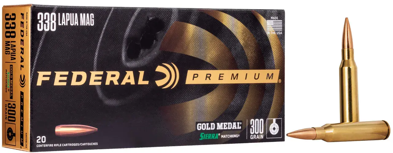 Federal GM338LM2 Premium Gold Medal 338LapuaMag 300gr Sierra MatchKing BTHP 20 Per Box/10 Case