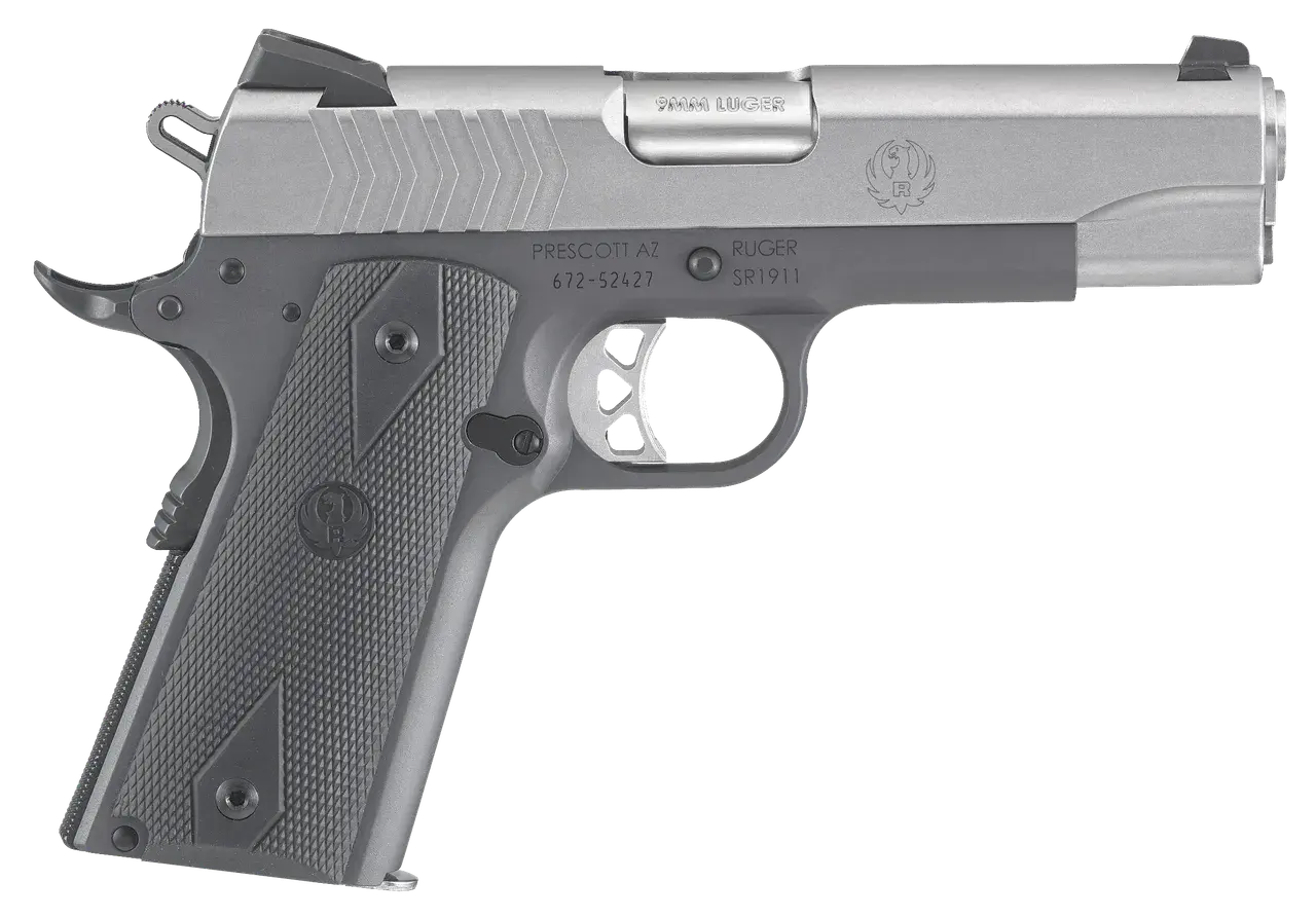 Ruger 6722 SR1911 Commander-Style 9mm Luger 9+1 4.25" Stainless Steel Barrel, Low-Glare Stainless Serrated Steel Slide, Tungsten Gray Cerakote Aluminum Frame w/Beavertail, Black Rubber Grip