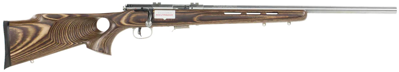 Savage Arms 94725 93 BTVS Full Size 22 WMR 5+1 21" Satin Stainless Heavy Barrel, Satin Drilled & Tapped Stainless Steel Receiver, Natural Brown Thumbhole Laminate Stock, Right Hand
