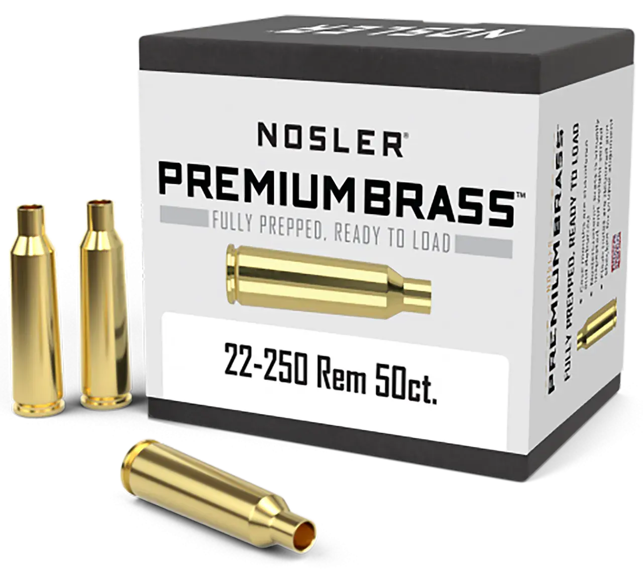 Nosler 10065 Premium Brass Unprimed Cases 22-250Rem Rifle Brass 50/Box