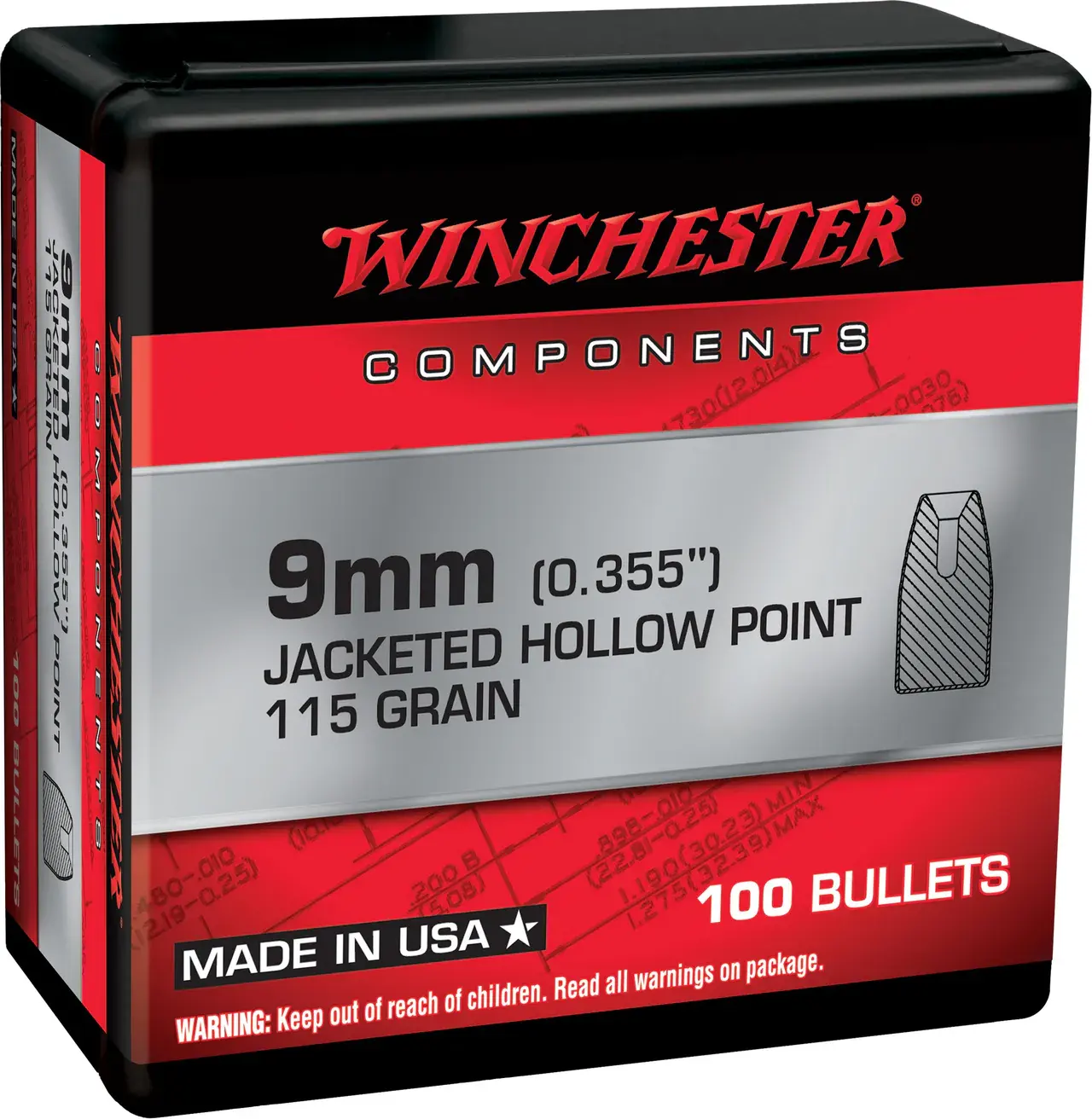 Winchester Ammo WB9JHP115X Centerfire Handgun Reloading 9mm 115gr Jacketed Hollow Point 100 Per Box/10 Case