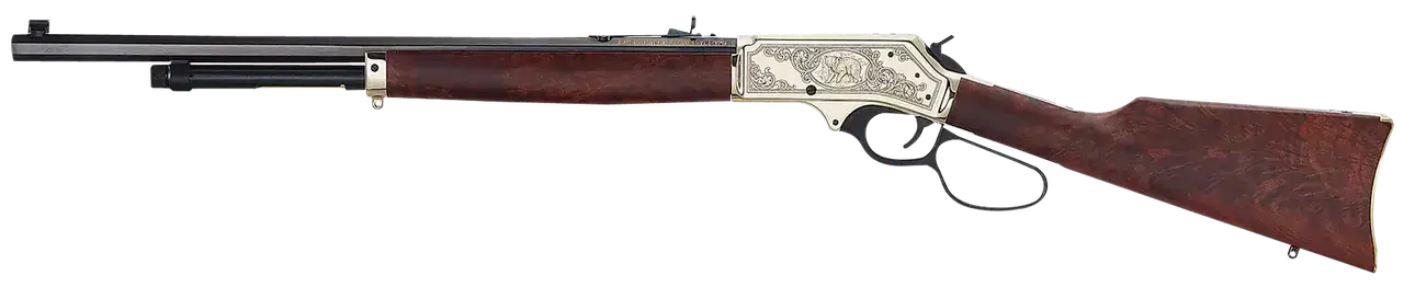 Henry H010BGWL Wildlife 45-70 Gov 4+1 22" Blued Octagon, Polished Brass Engraved Rec, American Walnut Furniture, Large Loop Lever, Adj. Brass Bead Sight