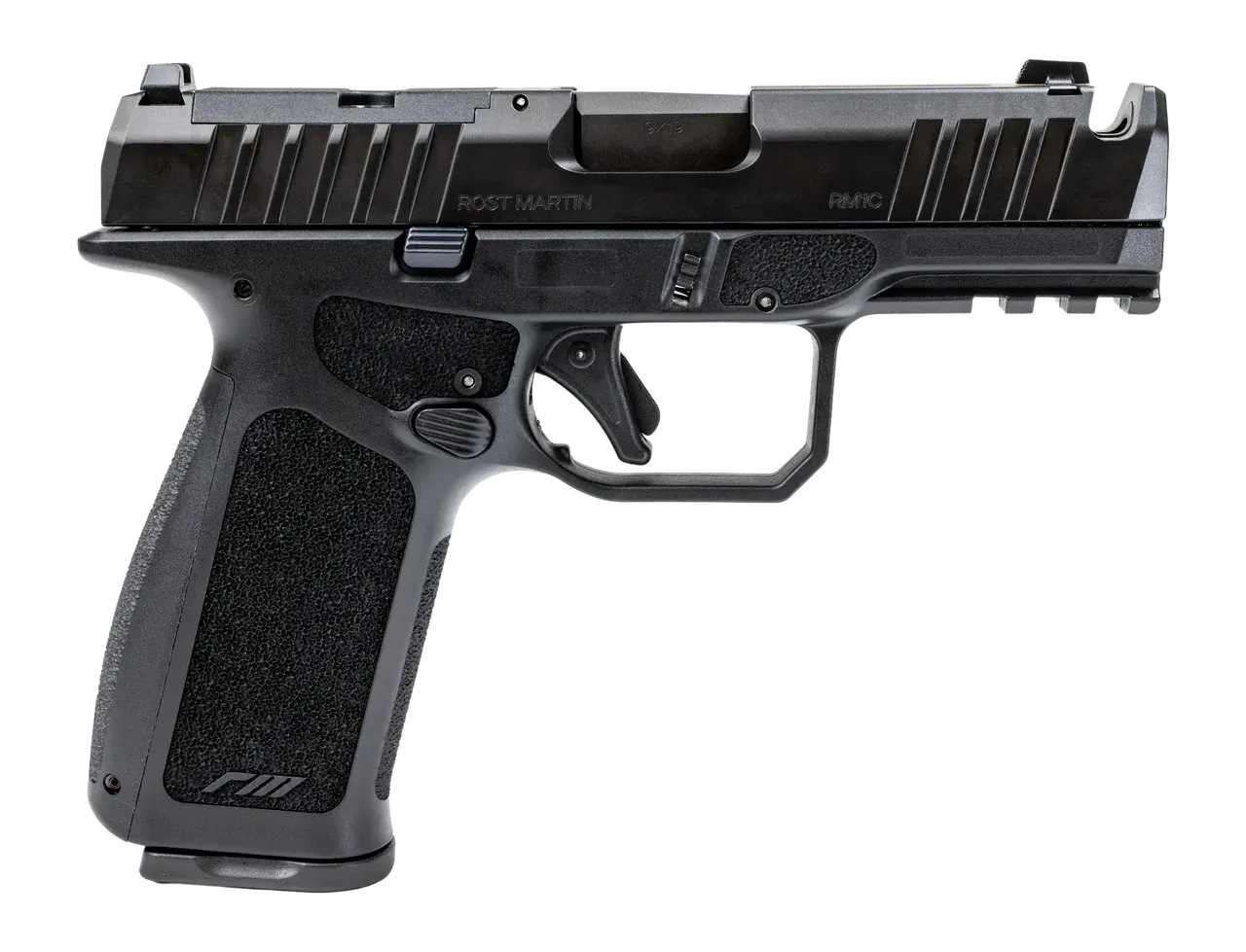 Rost Martin RM1CXBLKOSP10CA(COMP) RM1X Comp Compact 9mm Luger 10+1 4" Black Compensated Match Grade Barrel, Black Nitrocarburized Steel Optic Ready/Serrated Slide, Black Polymer Frame w/Picatinny Rail