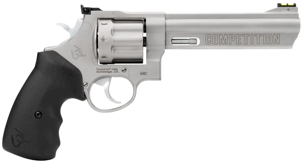 Taurus 2-608069CMP 608 Competition 357 Mag/38 Special +P 8 Shot 6" Matte Stainless Steel Barrel, Cylinder & Frame, Black Finger Grooved Grip, Transfer Bar Safety, Exposed Hammer