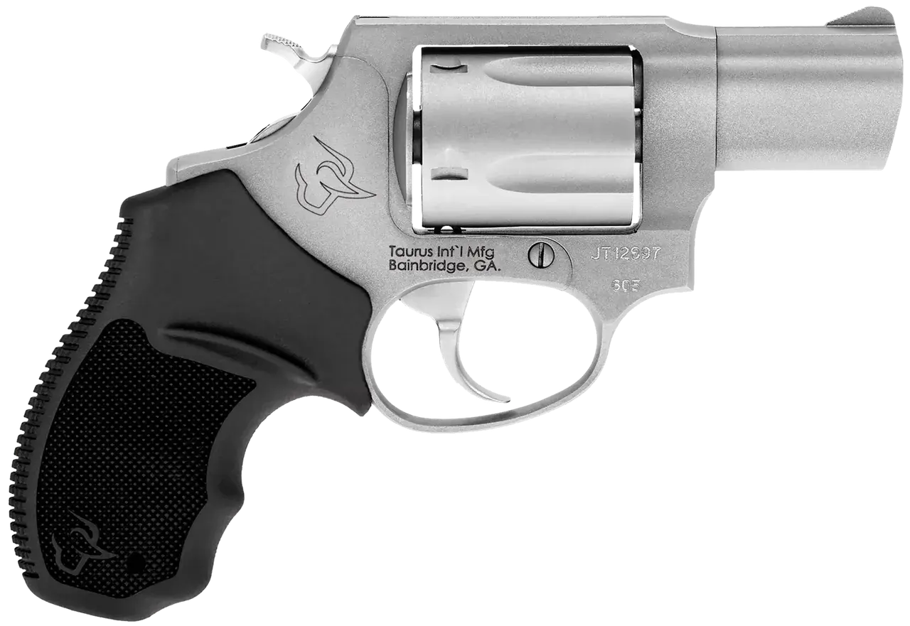 Taurus 2-605029 605 Small 357 Mag/38 Special +P 5 Shot 2" Matte Stainless Steel Barrel, Cylinder & Frame, Black Finger Grooved Rubber Grip, Transfer Bar Safety, Exposed Hammer