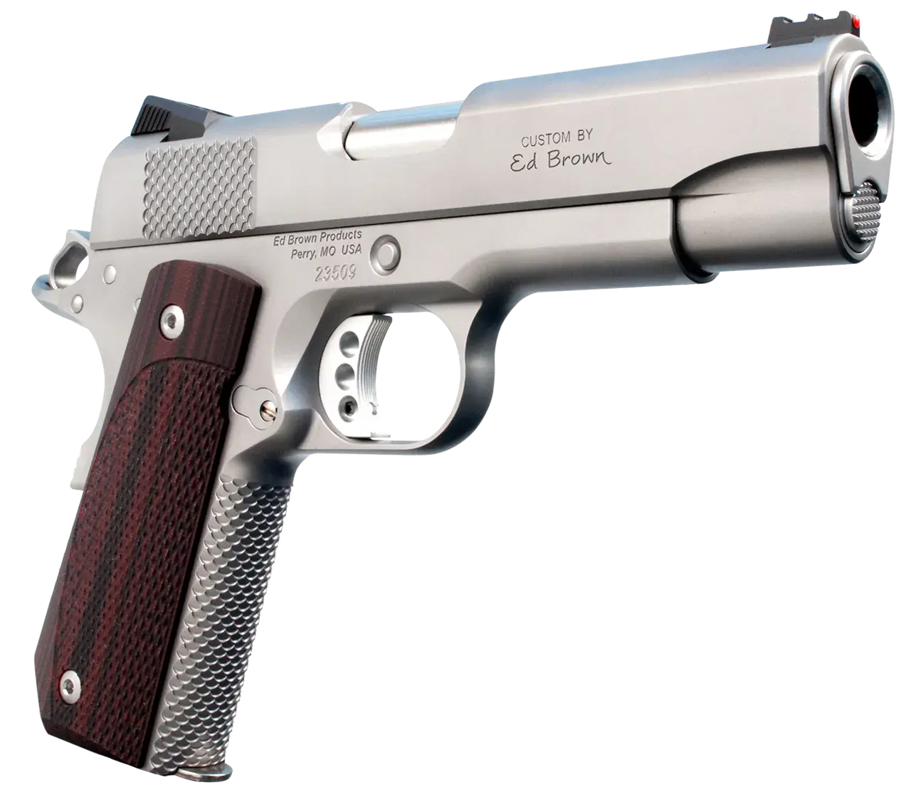 Ed Brown KC18SS 1911 Kobra Carry Serrated Frame 45 ACP 7+1 4.25" Stainless Recessed Crown Barrel, Matte Stainless Serrated Steel Slide & Frame, Laminate Wood Grip, Right Hand