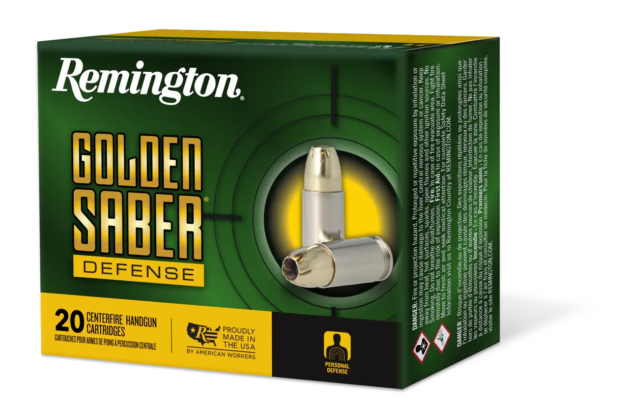 Remington Ammunition 27603 Golden Saber Defense 9mmLuger+P 124gr Brass Jacketed Hollow Point 20 Per Box/25 Case