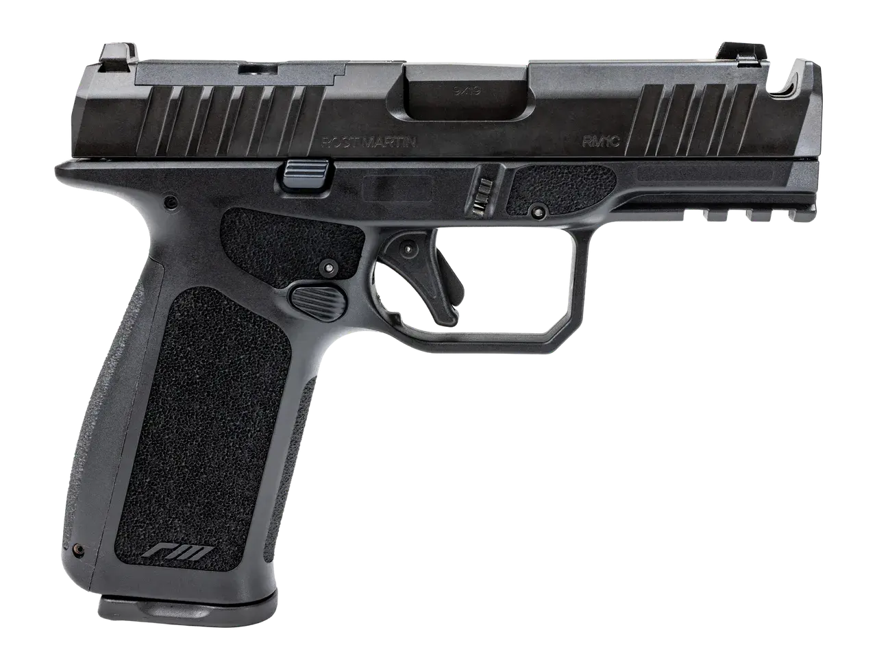 Rost Martin RM1XBC1 RM1X Comp Compact 9mm Luger 10+1 4" Black Compensated Match Grade Barrel, Black Nitrocarburized Optic Ready/Serrated Slide, Black Polymer Frame w/Picatinny Rail, Interchangeable Ba