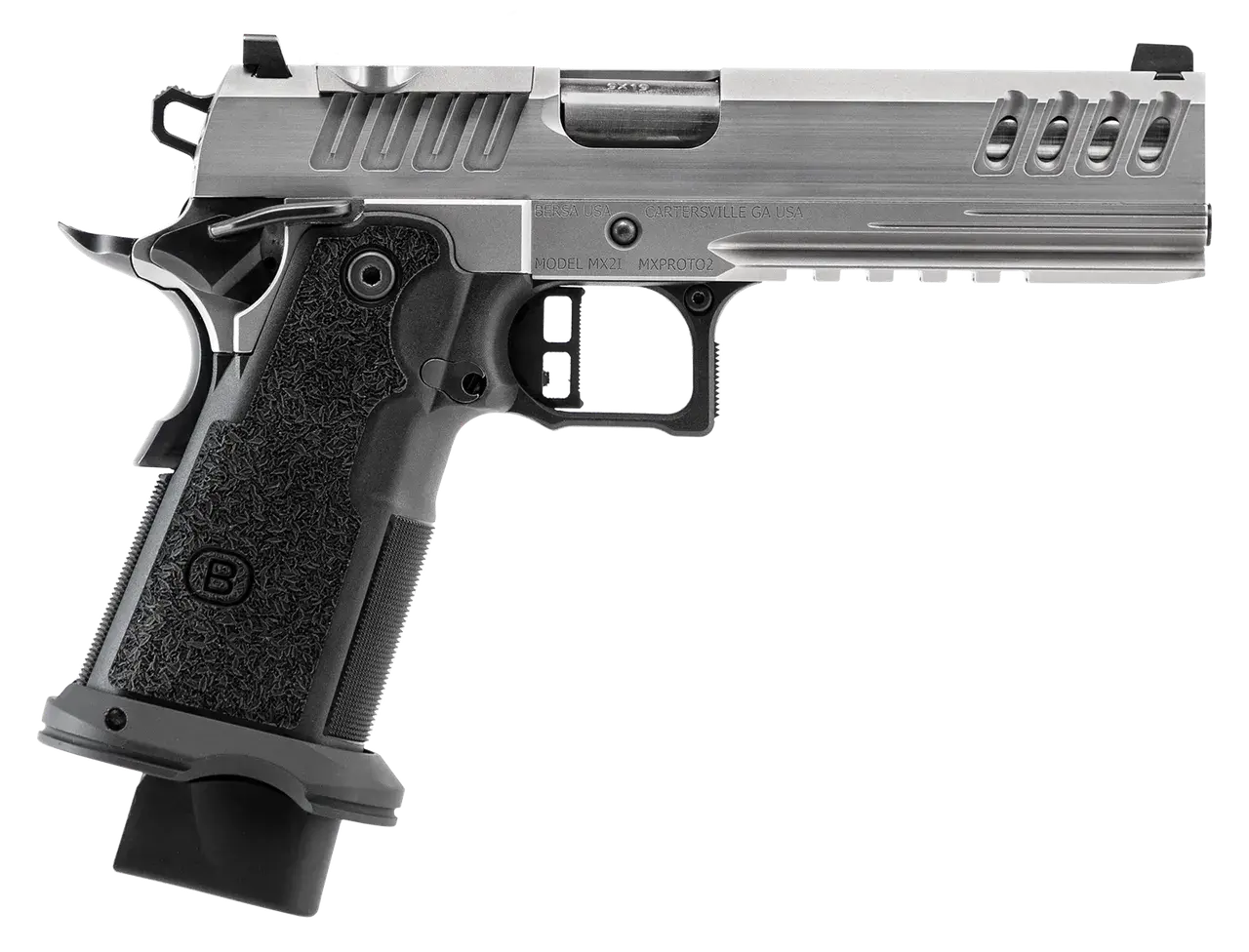 Bersa M2XIO5SSFN2 M2XI 1911 DS 9mm Luger 23+1 5" Black Match Grade Bull Barrel, Stainless Steel Optic Ready/Serrated Slide, Frame w/Beavertail & Picatinny Rail, Textured Grip, Holosun K Footprint, Amb