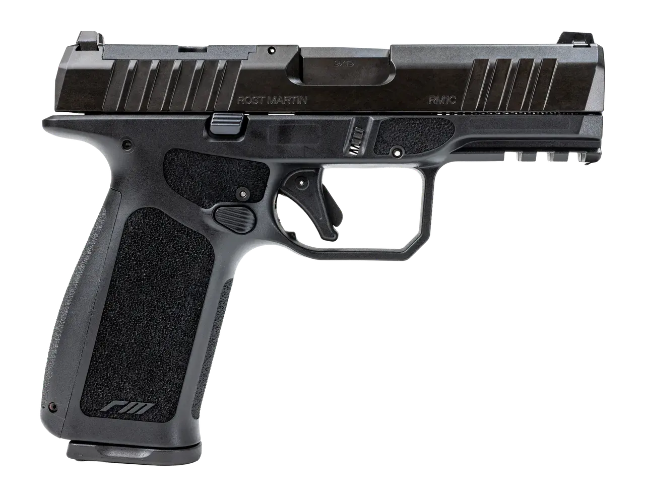 Rost Martin RM1CXBLKOSP10CA RM1X *CA Compliant Compact 9mm Luger 10+1 4" Black Match Grade Barrel, Black Nitrocarburized Steel Optic Ready/Serrated Slide, Black Polymer Frame w/Picatinny Rail, Interch